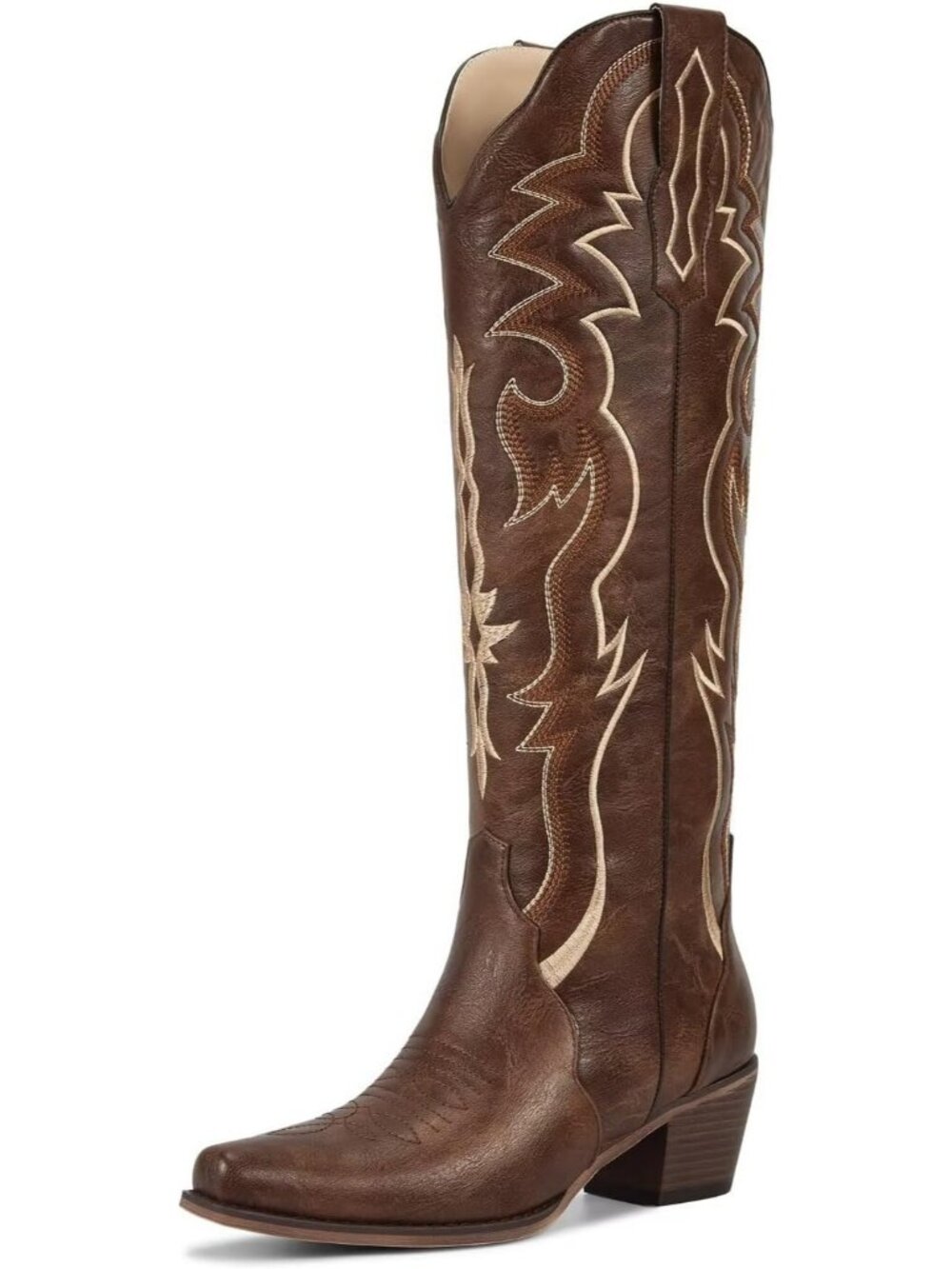 Women's Brown Faux Leather Pull On Embroidered Cowgirl Cowboy Knee High Boots